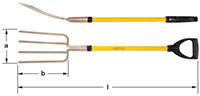 Two horizontal views of a four-pronged garden fork with yellow fiberglass handle and black D-grip.  Top image shows a long handle and a narrow, curved digging head. Bottom image shows top -down view of garden fork with four tines and a D-shaped grip. AMPC